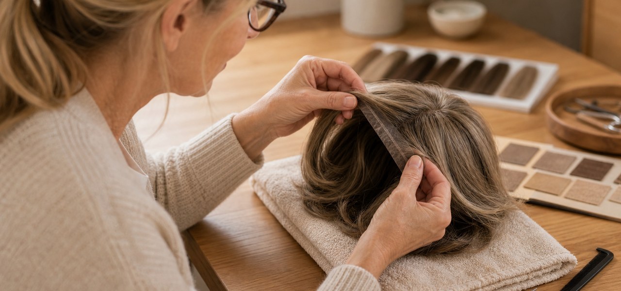 Material und Haarqualitaet einer Peruecke von Hand pruefen.