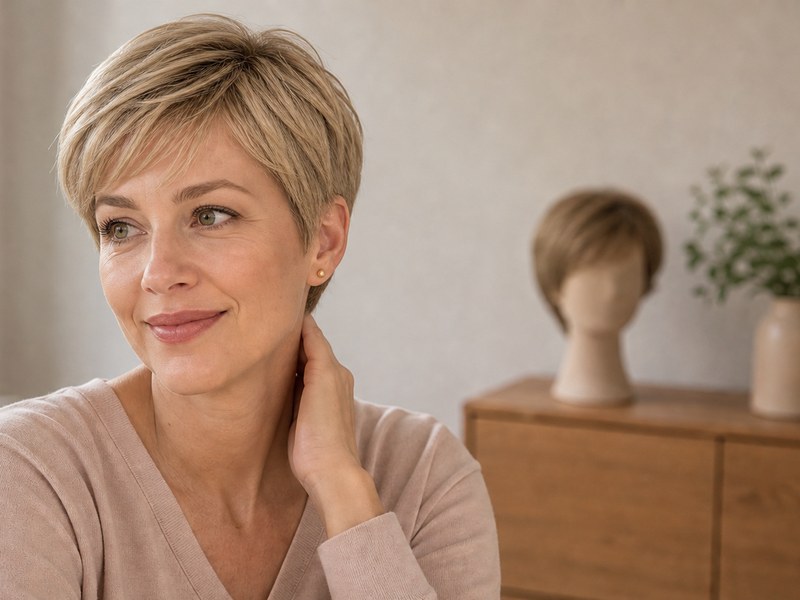 Portrait einer jungen Frau mit platinblondem Pixie – Haarintegration zur Haarverdichtung in Albstadt.